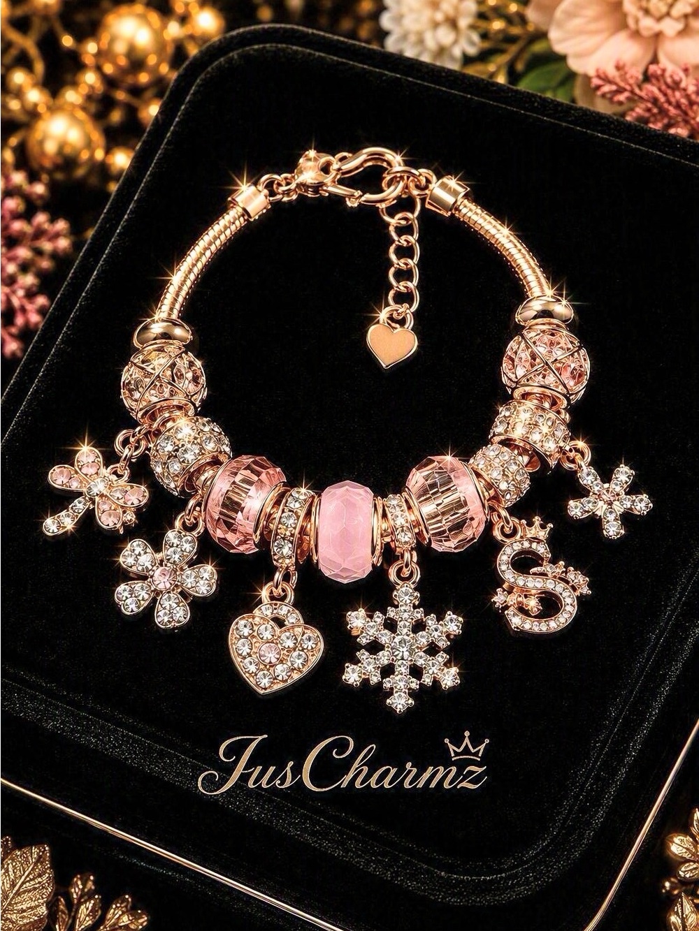 Rose Gold Pink Crystal Charm Bracelet